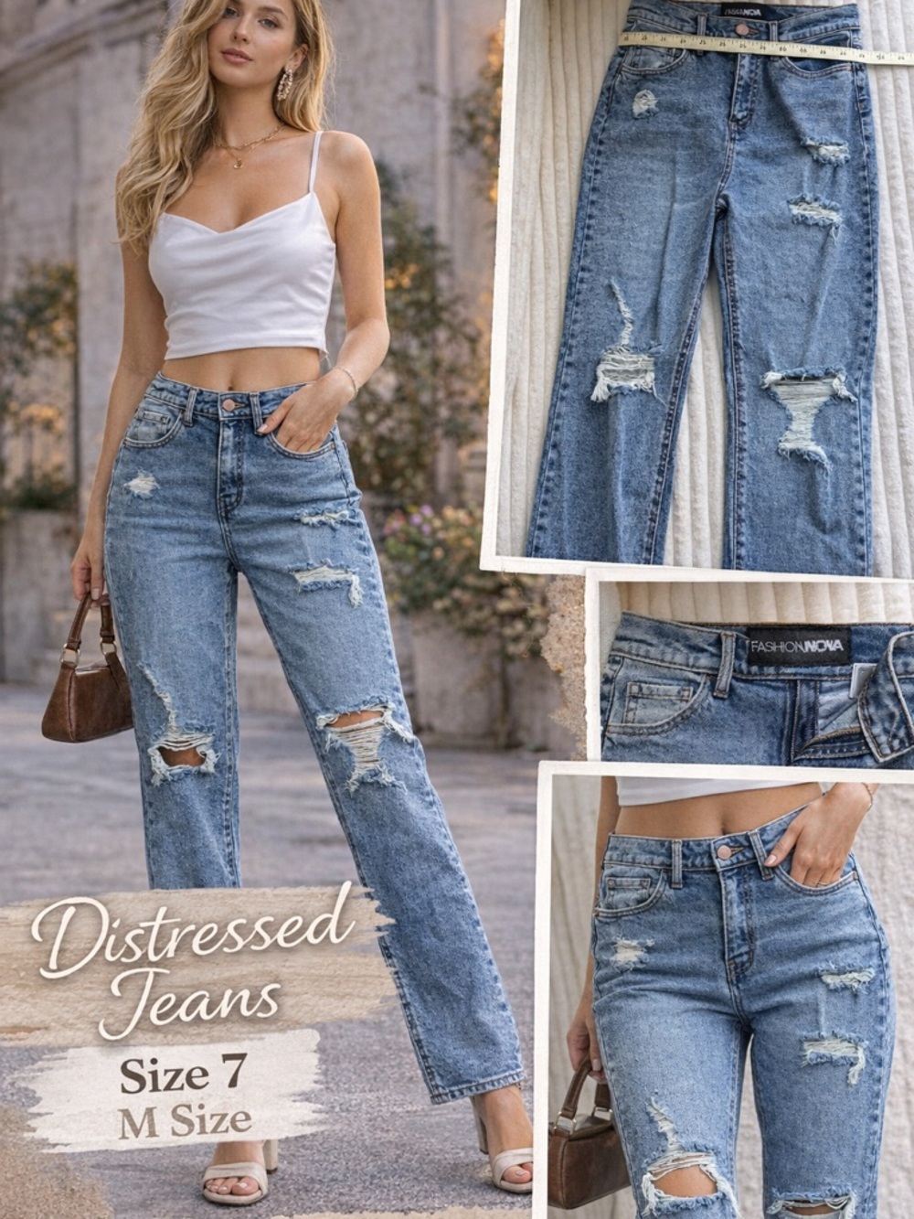 Fashion Nova Light Blue Distressed Straight-Leg Jeans NEW